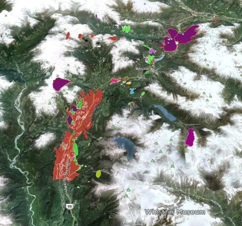 Major wildfires in the Whistler region from the last 100 years. The large purple blotch at the top right represents the 1926 Soo/Green fire. 