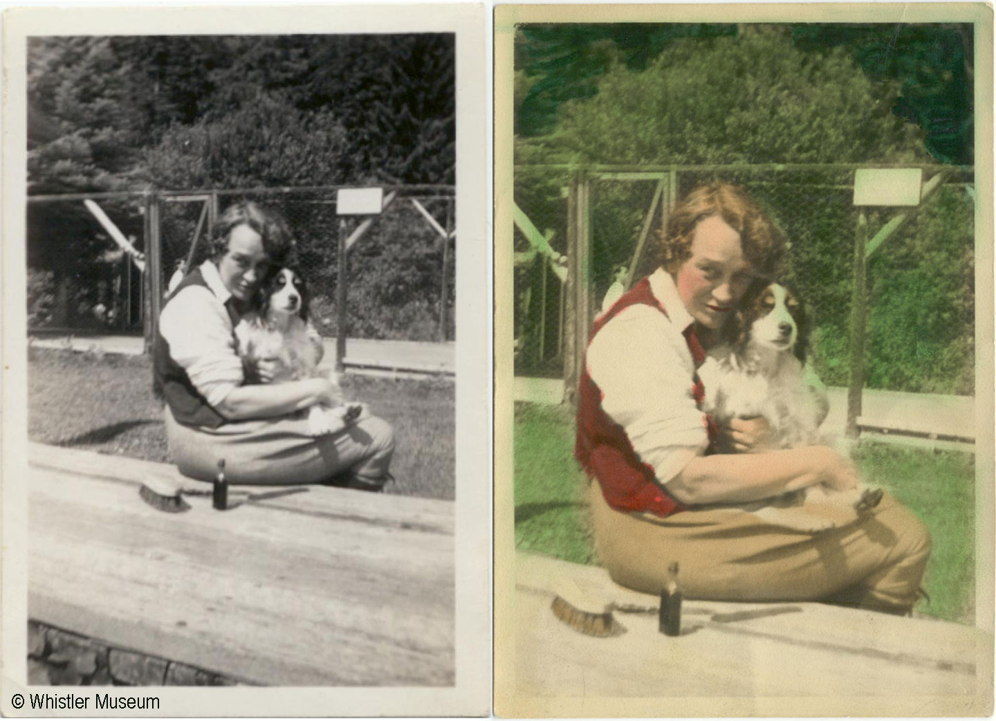Example of monochrome photograph with and without hand-colouring. Myrtle and Binkie, ca. 1930. Philip Collection. 